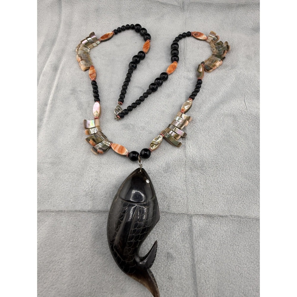 Vintage Koi‎ Fish Necklace Black Carved Pendant Sterling 30" Signed Sandra David